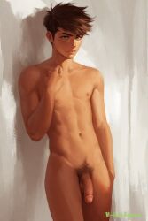 ai_generated athletic athletic_male balls ballsack completely_nude dark_hair green_eyes male male_only naked naked_male nude nude_male nudity penis solo solo_male tan_body tan_skin