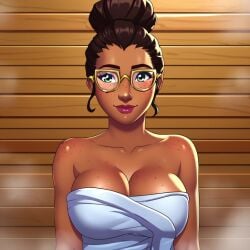 1girls ai_generated arcane big_breasts big_breasts breasts breasts brown_hair brown_skin cleavage female female female_focus female_only glasses large_boobs large_breasts league_of_legends looking_at_viewer sauna short_hair sky_young smile solo solo_female solo_focus towel towel_around_waist towel_only towel_over_breasts towel_wrap