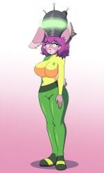 big_breasts bodysuit breasts bunny_girl dlobo777 expressionless femsub furry glowing glowing_eyes green_eyes helmet hypnosis hypnotic_accessory jimmy_neutron_(series) large_breasts open_mouth original purple_hair sakura_(gamin_gryff) sakura_(gaminggryff) shrunken_irises standing standing_at_attention tech_control yolkian
