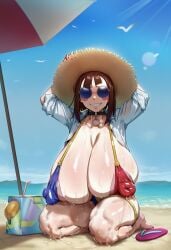 1girls ai_generated alternate_ass_size alternate_body_type alternate_breast_size alternate_costume arms_behind_head arms_up beach beach_umbrella blue_skin blush blush_stickers brown_hair drink drinking_glass female female_focus flip_flops hairy hairy_armpits hairy_pussy happy hat kunaboto_(style) looking_at_viewer multicolored_eyes nipple_suspension_bikini ocean pale-skinned_female pale_skin pomni_(the_amazing_digital_circus) pubes pubic_hair pubic_hair_peek sand sky solam straw_hat sunglasses sunglasses_on_head sunny sunshine the_amazing_digital_circus