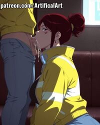 1boy 1girls ai_generated artifical_art balls big_breasts blowjob blowjob_face blue_pants blush cum cum_in_mouth cum_in_pussy cum_inside cyberpunk:_edgerunners facial_mark gloria_martinez_(edgerunners) jeans light-skinned_female light_skin mature mature_female milf mommy mother oral oral_creampie oral_penetration oral_sex penis penis_in_mouth perfect_body red_eyes red_hair sex sucking sucking_penis tied_hair torn_pants voluptuous_female