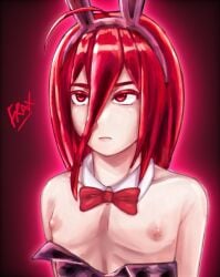 1boy ahoge bowtie bunny_ears bunnysuit cinnabar_(land_of_the_lustrous) exposed_chest femboy fraxzya houseki_no_kuni land_of_the_lustrous long_hair long_hair_male nipples no_genitals pale_skin red_eyes red_hair shiny_hair skinny skinny_male slim solo solo_male tagme twink