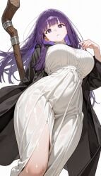 1girls ai_generated bangs big_breasts breasts breasts_press busty clothed curves curvy dress drowsy_sheep female female_only fern_(sousou_no_frieren) fully_clothed huge_breasts human large_breasts light-skinned_female light_skin magician purple_eyes purple_hair sorceress sousou_no_frieren staff tight_clothes tight_clothing