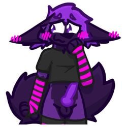 anthro arm_warmers armwear balls big_ears big_tail black_clothing black_crop_top black_shirt black_topwear blush blush_lines canid canine clothing crop_top ear_blush erection femboy fennec_fox fox fur genitals hair legwear male mammal outline pattern_arm_warmers pattern_armwear pattern_clothing pattern_legwear pattern_thigh_highs penis purple_body purple_fur purple_hair purple_penis purple_tail roxo roxo_(artist) shirt solo sticker striped_arm_warmers striped_armwear striped_clothing striped_legwear striped_thigh_highs stripes tail thigh_highs topwear true_fox white_outline