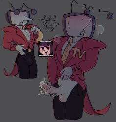 breath cum deltarune deltarune_chapter_3 jerkingoff male_focus masturbation pants_down solo_male tenna_(deltarune) tv_head