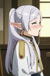 ai_generated bangs blush earrings elf female from_side green_eyes jewelry long_hair open_mouth pointy_ears ponytail profile saliva silver_hair solo tongue uniform