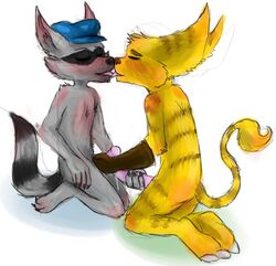 2boys anthro black_nose blush brown_nose claws closed_eyes crossover duo fur furry furry_only gay gloves grey_fur hat interspecies kissing kneeling lombax maddogfan male male/male male_only mammal mask multiple_males mutual_masturbation no_humans nude penis pink_penis plain_background raccoon ratchet_(ratchet_and_clank) ratchet_and_clank sex sly_cooper sly_cooper_(series) smooth_fur stripes tongue tongue_out video_games white_background yaoi yellow_fur