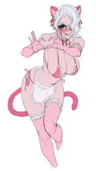 barely_contained blush bra breasts cat_ears cat_tail choker demon demon_girl demon_horns ear_piercing embarrassed english_text eyeshadow fangs female female_focus frilly frilly_clothing gloves hair_covering_eye helltaker horn leon_kim maid maid_apron maid_bikini maid_headdress makeup necklace nipple_piercing nipples nose_piercing piercing pink_clothing pose red_eyes side-tie_panties sweat sweatdrop tagme teeth thighhighs white_hair zdrada_(helltaker)