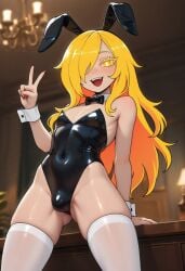 1boy ai_generated alternate_version_available archibald_1 arm_support ass_visible_through_thighs black_leotard blonde_hair blush borrowed_character bunny_ears bunny_tail bunnysuit civitai covered_eye crossdressing eyebrows eyelashes femboy feminine_male girly hair_over_one_eye indoors legwear leotard light-skinned_male long_hair looking_at_viewer lucien_(basedbinkie) male male_only open_mouth peace_sign penis playboy_bunny solo standing stockings tavern thick_thighs thighs trap v v_sign white_legwear white_stockings wrist_cuffs