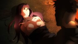1girls areolae asagami_fujino bra breasts cap chest female hime_cut kara_no_kyoukai long_hair lying medium_breasts missionary missionary_position nipples open_clothes open_shirt purple_hair rape red_eyes school_uniform screencap shirt white_bra