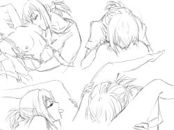 2girls bang_dream! bang_dream!_it's_mygo!!!!! between_breasts between_legs bra bra_pull breasts closed_eyes clothes_pull commentary_request cunnilingus face_between_breasts greyscale head_between_breasts highres licking licking_leg medium_breasts misumi_uika monochrome multiple_girls nichiju_(you) nipples nude oral ponytail saliva short_ponytail togawa_sakiko underwear yuri