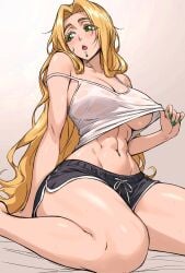 :o abs breasts chin_piercing fate/grand_order fate_(series) female green_nails large_breasts long_hair looking_away navel_piercing quetzalcoatl_(fate) shirt_pull short_shorts sleeveless sleeveless_shirt thick_thighs wariza white_shirt wide_hips zantyarz