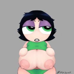 areolae bineseeeeeek_(artist) black_hair buttercup_(powerpuff_girls) cartoon_network exposed_breasts green_eyes large_breasts shirt_lift short_hair tagme