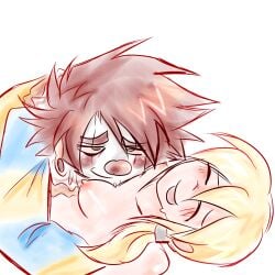 blonde_female breasts clown clown_costume dexter_(dogsheen) face_on_breast happy laying_down male male/female naked_female red_hair ren_(dogsheen)