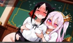 2girls ? ?? ai_generated air_bubble black_hair blush breast_grab breasts bubble chalkboard classroom collarbone crown deep_skin drooling drunk evil_grin evil_smile eyebrows_visible_through_hair flying_sweatdrops grabbing grabbing_from_behind grabbing_own_breast grin groping hair_between_eyes hair_ribbon hypnosis indoors kaguya-sama_love_is_war kaguya-sama_wa_kokurasetai_~tensai-tachi_no_renai_zunousen~ large_breasts long_hair mind_control multiple_girls naughty_face no_game_no_life nose_blush parted_bangs purple_eyes purple_hair red_eyes ribbon self_fondle sharp_teeth shinomiya_kaguya shiro_(no_game_no_life) shirt short_sleeves shuuchiin_academy_uniform smile symbol-shaped_pupils tagme teeth thought_bubble torn_clothes torn_legwear velianthart white_shirt yuri