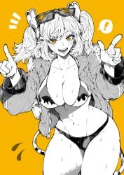 ! 1girls athletic black_and_white blush breasts burnice_white female flame_print gesture huge_breasts monochrome notice_lines off-shoulder_jacket open_jacket simple_background smile solo speech_bubble swimsuit thick_thighs wet wide_hips yellow_background yotsumi_shiro zenless_zone_zero