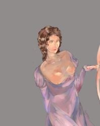 breasts_out brown_eyes brown_hair female_focus gloves handjob historical josephine_de_beauharnais lipstick purple_clothing purple_dress red_lipstick shiny_skin