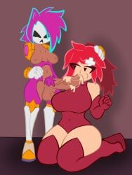 blowjob ciona_(oc) clothed_sex coco_(oc) floating_hands futa_on_female futanari heart-shaped_pupils intersex leotard mask masked masked_female mobian_(species) orgasm orgasm_from_oral pink_fur pink_hair pubic_hair red_hair silencioarthub swisschocoart