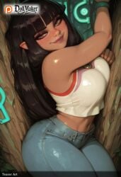 ai_generated black_hair blush bracelet breasts brown_eyes denim dollmaker dollmaker_(artist) elf female grass jeans jewelry large_breasts lips long_hair lying midriff navel on_side pants patreon_logo patreon_username pointy_ears smile solo tagme tank_top watermark web_address