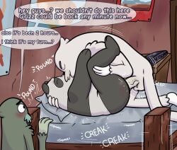 absurd_res anal anal_sex anthro ass balls bear bed bedroom big_butt black_body blush butt_slap cartoon_network charlie_(we_bare_bears) creaking cuckold deep_kiss digital_media_(artwork) english_text erection french_kissing from_front_position fur furniture genitals giant_panda group hair hi_res holding_head holding_leg humanoid_genitalia humanoid_penis joalmidon kissing lying male male/male male_penetrated male_penetrating male_penetrating_male mammal missionary_position muscular muscular_male nude on_back on_bed on_top onomatopoeia overweight panda_(we_bare_bears) penetration penile penis pounding_ass ralph_(we_bare_bears) sasquatch sex size_difference slap sound_effects squeaking_bed text thick_thighs trio voyeur we_bare_bears white_body white_fur