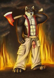 1boy abs anthro axe biceps canine fire firefighter firefighter_uniform fur furry hunk male male_only muscles pecs penis solo strong uniform weapon wolf