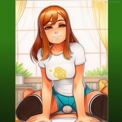 2025 ai_generated artist_name breasts brown_eyes brown_hair crazyfishbones female kunikida_hanamaru long_hair sitting smile solo thighhighs window