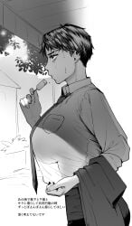 big_breasts business_attire business_woman dress_shirt female female_only gegege_no_kitarou genderswap_(mtf) japanese_text kitarou_tanjou_gegege_no_nazo masora_ema mizuki_(gegege_no_kitarou) monochrome necktie office_lady popsicle profile rule_63 scar scar_across_eye scar_on_face see-through_clothing short_hair side_view sideboob solo sweat very_short_hair
