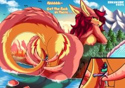 2024 absurd_res anthro ass bathing bent_over big_breasts big_butt big_dom_small_sub bodily_fluids breasts canid canine canis chelsinge_(sikukaze) cliff digital_media_(artwork) dominant dragon duo english_text extreme_size_difference fangs female fur furred_dragon furred_scalie genital_fluids genitals hair hi_res huge_butt huge_hips hybrid larger_female long_tail looking_pleasured macro macro_anthro macro_female male male/female mammal masturbation mountain mythological_creature mythological_scalie mythology nipples nude plant red_hair scalie siku_(sikukaze) sikukaze size_difference smaller_male tail tail_fetish tail_masturbation tail_play teeth text thick_thighs tree unbirthing vaginal_fluids vaginal_penetration vore vulva waterfall wide_hips willing_prey wolf
