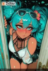 ai_generated aqua_eyes aqua_hair artist_name blush brazilian_miku breasts dollmaker dollmaker_(artist) eyewear_on_head female flower goggles goggles_on_head hair_ornament hatsune_miku long_hair see-through solo sunglasses tagme twintails watermark wet