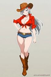 ai_generated big_breasts big_breasts cleavage cow_girl cowboy_boots cowboy_hat cowboy_outfit cowgirl cowgirl_boots cowgirl_hat cowgirl_outfit dungeon_ni_deai_wo_motomeru_no_wa_machigatteiru_darou_ka freya_(danmachi) jean_shorts jeans large_breasts long_hair purple_eyes sfa1903 short_jeans shorts silver_hair small_top thick_thighs thigh_gap thighs