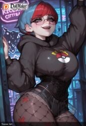 ai_generated breasts dollmaker dollmaker_(artist) female fishnet_legwear fishnets glasses hood hood_down hoodie keyboard_(computer) large_breasts monitor multicolored_hair pantyhose patreon_logo patreon_username penny_(pokemon) pokemon red_hair smile solo tagme watermark