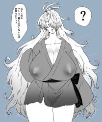 ? ahoge big_breasts breasts_bigger_than_head cleavage curvy female female_only gegege_no_kitarou genderswap_(mtf) hachimitsu_remon_aji_no_nodo_ame hair_over_one_eye huge_breasts japanese_text kimono kitarou_tanjou_gegege_no_nazo long_hair looking_at_viewer medama_oyaji_(human) messy_hair milf monochrome nipple_bulge rule_63 short_kimono solo torn_clothes very_long_hair wide_hips