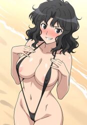 ai_generated amagami areola areolae ass ass beach big_ass big_breasts big_breasts big_butt big_titties black_eyes black_hair embarrassed embarrassed_female large_breasts medium_hair nipple_bulge nipples sand sfa1903 slingshot_bikini tanamachi_kaoru thick_thighs thighs