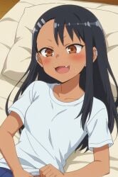 ai_generated black_hair blush brown_eyes collarbone dark_skin female hair_ornament hairclip jewelry long_hair lying oerba_yun_fang on_back open_mouth pillow please_don't_bully_me,_nagatoro shirt short_sleeves smile solo striped white_shirt