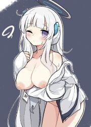 arm_under_breasts az84997592 blue_archive blush breasts cleavage closed_mouth cowboy_shot female grey_hair halo jacket large_breasts leaning_forward long_hair looking_at_viewer nipples noa_(blue_archive) one_eye_closed open_clothes open_jacket purple_eyes simple_background sleeves_past_wrists solo very_long_hair white_halo white_jacket