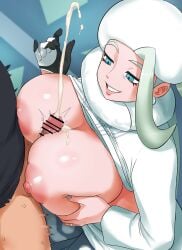1boy absurdres bar_censor blonde_hair blue_eyes blue_nails breasts censored clothed_sex clothes_lift commentary cum ejaculation female gloves grin hat highres i_b_(yaun2242) large_breasts mature_female melony_(pokemon) paizuri penis pokemon pokemon_swsh projectile_cum single_glove smile white_hat