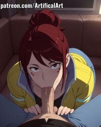 1boy 1girls ai_generated artifical_art big_breasts blowjob blowjob_face blue_pants blush cyberpunk:_edgerunners facial_mark gloria_martinez_(edgerunners) jeans light-skinned_female light_skin mature mature_female milf mommy mother oral oral_penetration oral_sex penis penis_in_mouth perfect_body red_eyes red_hair sex sucking sucking_penis tied_hair torn_pants voluptuous_female