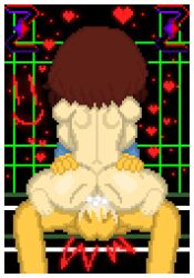 1boy 1girls =) ambiguous_penetration ass back_view balls big_ass big_breasts big_penis brown_hair chara chara_(undertale) cock cowgirl_position cum cum_inside cumming cumming_while_penetrating feet frisk frisk_(undertale) heart holding_hips holding_legs legs penetration penis pixel_art self_upload sex sitting sitting_on_lap undertale undertale_(series) zixy