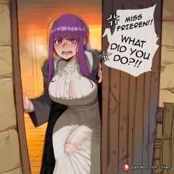 ai_generated anger_vein balls black_coat black_robe blunt_bangs blush breasts bulge coat covered_balls covered_penis doorway dress english_text erection erection_under_clothes female fern_(sousou_no_frieren) frieren frieren_beyond_journey's_end futanari hooded_coat indoors intersex large_breasts large_penis long_dress long_hair long_sleeves looking_at_viewer open_mouth patreon_username penis pov pov_doorway purple_eyes purple_hair robe solo sousou_no_frieren speech_bubble tearing_up tears testicles tillian veins white_dress