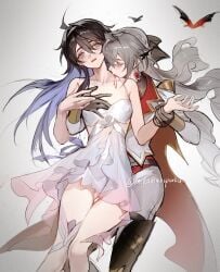 2girls absurdres bare_arms bat_(animal) biting biting_neck black_gloves black_hair breasts bronya_rand closed_eyes colored_inner_hair covered_nipples dress earrings gloves grabbing_another's_breast grabbing_from_behind grey_hair groping highres holding_another's_wrist honkai:_star_rail honkai_(series) jacket jewelry long_hair mie_xing multicolored_hair multiple_girls pants parted_lips pointy_ears purple_eyes purple_hair pussy_juice red_cap seele_(honkai:_star_rail) small_breasts twitter_username vampire white_dress white_jacket white_pants yuri