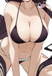 1girls armpits belly belly_button big_breasts bikini bikini_bottom bikini_top black_bikini breasts brown_hair cleavage cleavage_overflow female female_only focus_on_chest inui_toko large_breasts leaning_forward navel nijisanji shaded short_hair sideboob swimsuit upper_body upper_body_focus virtual_youtuber white_background