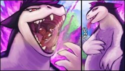 16:9 2_tails acidic ambiguous_gender anthro black_body black_fur black_nose black_penis bodily_fluids brown_body brown_fur canid canine duo erection fangs fur generation_2_pokemon genitals in_mouth male mammal mouth_shot multi_tail narrowed_eyes nintendo nude on_tongue open_mouth penis pokemon pokemon_(species) red_eyes saliva saliva_string tail teeth tongue typhlosion vore white_body white_fur widescreen