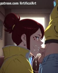 1boy 1girls ai_generated artifical_art balls big_breasts blowjob blowjob_face blue_pants blush cum cum_in_mouth cum_in_pussy cum_inside cyberpunk:_edgerunners facial_mark gloria_martinez_(edgerunners) jeans light-skinned_female light_skin mature mature_female milf mommy mother oral oral_creampie oral_penetration oral_sex penis penis_in_mouth perfect_body red_eyes red_hair sex sucking sucking_penis tied_hair torn_pants voluptuous_female