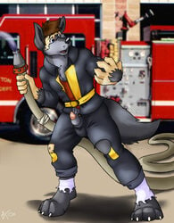 anthro blue_eyes canine firefighter firefighter_dog firefighter_uniform furry male male_only penis solo uniform