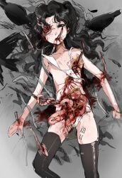 amon_(lord_of_the_mysteries) animal bird black_eyes black_hair black_thighhighs bleeding blood blood_from_mouth blood_on_face body_writing bra breasts commentary crow cuts death deep_wound english_commentary entrails ero_guro feathers female genderswap_(mtf) guro highres injury intestines kikinotamai long_hair lord_of_the_mysteries monocle nipples nude open_mouth organs panties parted_bangs rule_63 small_breasts small_intestine solo teeth thighhighs twintails underwear white_bra white_panties