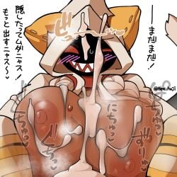 animal_hood beecon_(bee_niji) blazblue blush breasts cat_girl cat_hood cat_tail commentary_request cum cum_on_body cum_on_breasts dark-skinned_female dark_skin ejaculation excessive_cum female hood hood_up hoodie huge_breasts looking_at_viewer nipples open_mouth paizuri red_eyes sharp_teeth simple_background smile solo tail taokaka teeth translation_request upper_body variant_set white_background white_hoodie