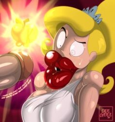 big_lips blonde_hair ceegee eris_(billy_and_mandy) exaggerated_anatomy expression glossy_lips golden_apple large_lips male penis red_lipstick sweating text the_grim_adventures_of_billy_and_mandy thick_lips tiara worried