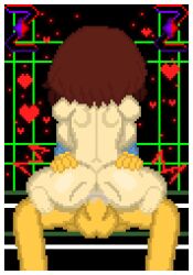 1boy 1girls =) ambiguous_penetration ass ass back_view balls big_ass big_breasts big_penis brown_hair chara chara_(undertale) cock cowgirl_position feet frisk frisk_(undertale) heart holding_hips holding_legs legs penetration penis pixel_art self_upload sex sitting sitting_on_lap undertale undertale_(series) zixy