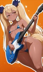 ai_generated blonde_hair blush daidouji_(artist) daidoujipv dark-skinned_female dark_skin dog_girl dog_tail female glasses half-closed_eyes micro_bikini musical_instrument navel orange_background playing_instrument retoree retoree_(show_by_rock!!) seductive_smile show_by_rock!! simple_background smile standing twintails wide_hips yellow_eyes