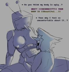 1boy 1cuntboy angst deltarune deltarune_chapter_3 dialogue dysphoria english_text ftm_headcanon gender_dysphoria holding_waist intersex spamton_g_spamton tenna_(deltarune) trans_man transmasc